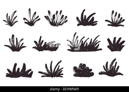 Grunge Brush Stroke Vector Artistic Bushes Set. Hand painted black ink grass tuffs and botanical landscape elements for creative poster, book cover Stock Vector