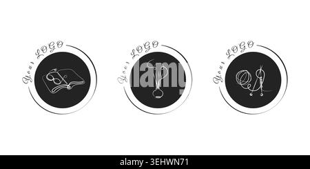 Three black circular logos display minimalist white line art designs on a crisp white background. Each circle features Your LOGO in elegant script. Stock Vector