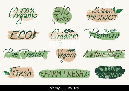 Bio organic food product labels set. Eco natural vegan badges with grunge brush stroke design. Paintbrush dry ink words and eco quote calligraphy and Stock Vector