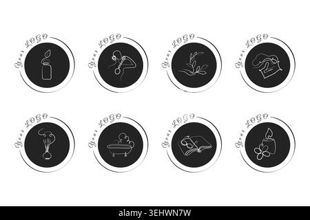 Eight black circular logos feature white line art designs representing wellness activities and self-care. Stock Vector