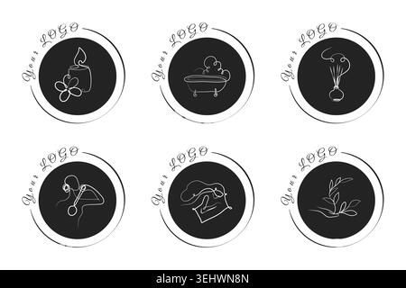 Six minimalist black line art logos in circular frames. Designs show items for spa, beauty, and self-care. Stock Vector