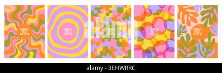 Set of retro 70s abstract summer poster templates with groovy patterns Stock Vector