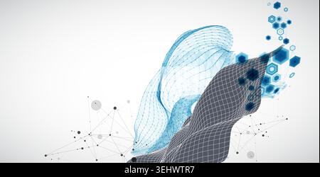 Grid geometric landscape with plexus particles and hexagonal elements. Vector template for tech banner or science presentation. Stock Vector