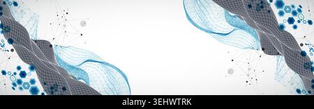 Grid geometric landscape with plexus particles and hexagonal elements. Vector template for tech banner or science presentation. Stock Vector