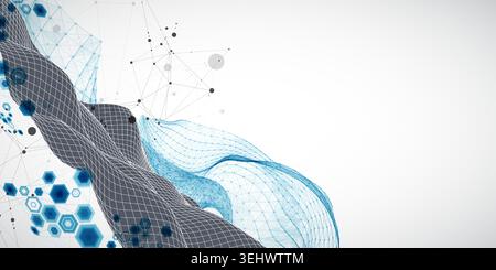 Grid geometric landscape with plexus particles and hexagonal elements. Vector template for tech banner or science presentation. Stock Vector
