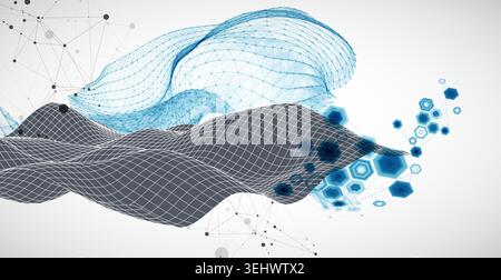 Grid geometric landscape with plexus particles and hexagonal elements. Vector template for tech banner or science presentation. Stock Vector