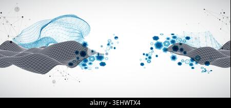 Grid geometric landscape with plexus particles and hexagonal elements. Vector template for tech banner or science presentation. Stock Vector