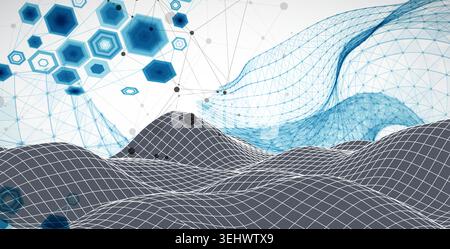 Grid geometric landscape with plexus particles and hexagonal elements. Vector template for tech banner or science presentation. Stock Vector