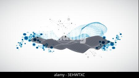 Grid geometric landscape with plexus particles and hexagonal elements. Vector template for tech banner or science presentation. Stock Vector
