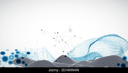 Grid geometric landscape with plexus particles and hexagonal elements. Vector template for tech banner or science presentation. Stock Vector