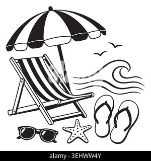 Summer beach vacation elements set with deck chair umbrella sea waves sandals and sunglasses Stock Vector