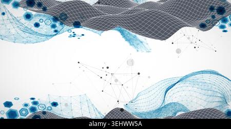 Grid geometric landscape with plexus particles and hexagonal elements. Vector template for tech banner or science presentation. Stock Vector