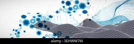 Grid geometric landscape with plexus particles and hexagonal elements. Vector template for tech banner or science presentation. Stock Vector
