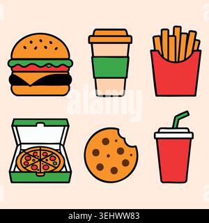 Fast food meals and drinks colorful icons set with burger pizza french fries coffee and cookies Stock Vector