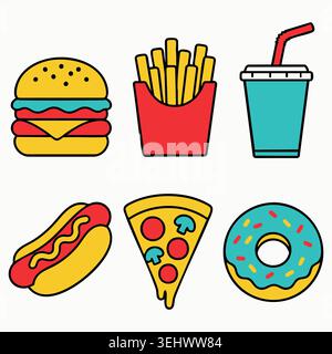 Fast food favorites linear colorful icons set with classic burger french fries soda hotdog pizza donut Stock Vector