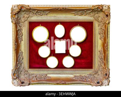 Authentic ancient picture frame with small photo frames on red velvet for group portaits isolated on a white background Stock Photo
