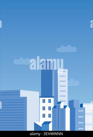 Flat vector illustration of a modern urban skyline with blue skyscrapers and city buildings in a clean minimalist style. Stock Vector
