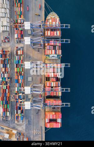 Aerial view of a cargo ship being maneuvered by tugboats in the Port of ...