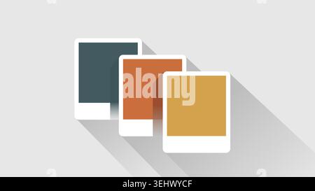Flat vector illustration of three overlapping blank photo frames in slate blue, terracotta, and ochre yellow with soft, long diagonal shadows Stock Vector