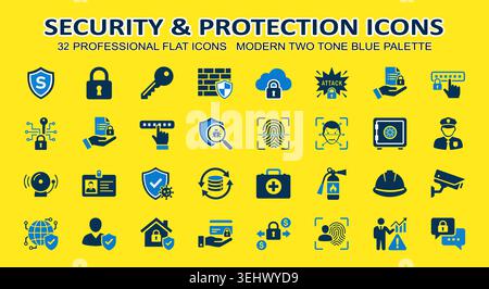 A set of Flat security icons in a two tone blue palette on yellow. Features include shields, locks, keys, firewalls, cloud data, biometric fingerprint Stock Vector
