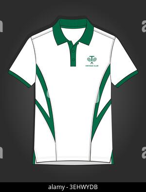 White polo shirt vector with green collar, cuffs, side panels, and a "Vintage Club" tennis logo Stock Vector