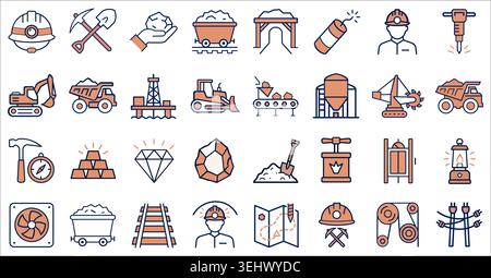 Vector icon set representing industrial mining and extraction, featuring tools, heavy machinery, minerals, safety gear, and underground operations Stock Vector