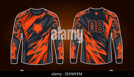 Long-sleeve esports jersey vector mockup featuring a bold orange and dark grey abstract pattern, a wolf logo, and digital camouflage details Stock Vector