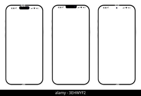 Vector mockup of three modern smartphones with blank white screens, showcasing different top camera notch styles and status bar icons Stock Vector