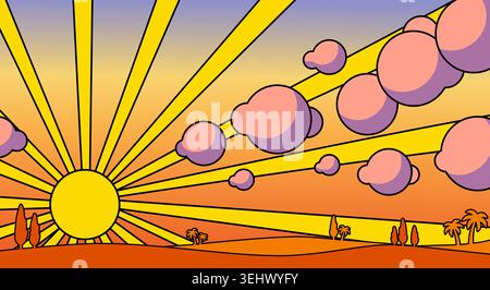 Vibrant pop-art sunset, bold yellow sun, dramatic golden rays, whimsical pink clouds, stylized trees on orange hills. Energetic, retro aesthetic Stock Vector