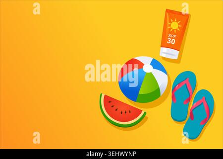 Summer vector background with a beach ball, a slice of watermelon, SPF 30 sunscreen lotion, and flip-flops on a vibrant yellow backdrop Stock Vector