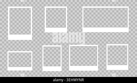 Set of seven blank instant photo frames. varying sizes and orientations included. white borders with realistic thick bottom margins Stock Vector