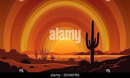 Vector desert landscape at sunset featuring a saguaro cactus silhouette against a stylized, radiating semicircular sky in warm retro colors Stock Vector