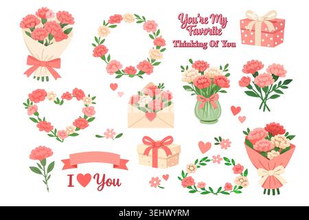 A charming vector set featuring pink and cream carnation bouquets, wreaths, gift boxes, and love notes Stock Vector