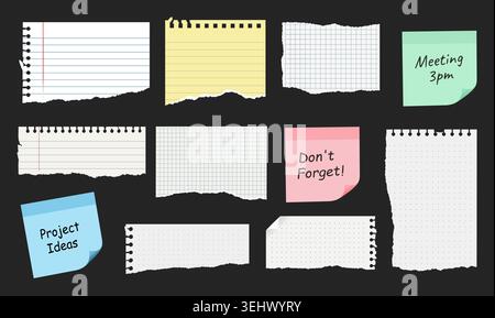 Vector collection of torn notebook pages, grid paper, and colorful sticky notes with handwritten reminders, isolated on a dark background Stock Vector
