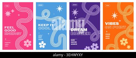 Four vertical Y2K poster templates in hot pink, blue, purple, and orange. Features winding paths, sparkle stars, retro flowers, and bold typography Stock Vector