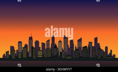 Vector of a bustling city skyline. Glowing windows on dark skyscraper silhouettes. Vibrant sunset gradient from purple to orange Stock Vector