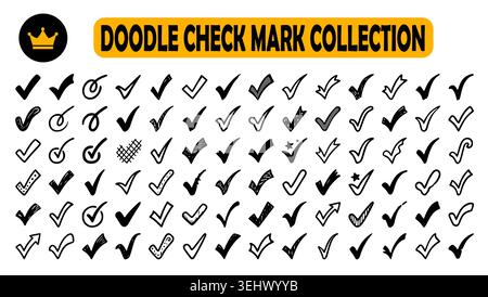 A comprehensive set of over 84 unique, hand-drawn check mark icons in a doodle style Stock Vector