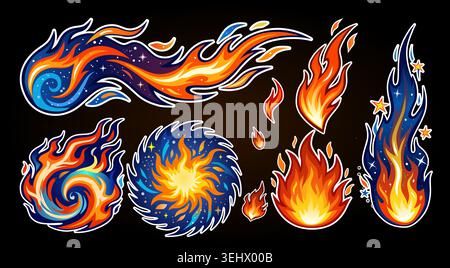 Cosmic flame stickers: orange fire, blue galactic swirls, stars, and nebulae. Sharp white borders, dynamic shapes. High contrast, dark background Stock Vector
