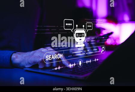 AI search engine and voice search chatbot concept. virtual search bar, microphone, audio waveform, and chat bot interface. smart query, conversational Stock Photo