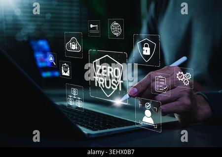 Zero trust security and identity access protection concept. Man using laptop with shield, lock, cloud, password, verification, checklist, user authent Stock Photo
