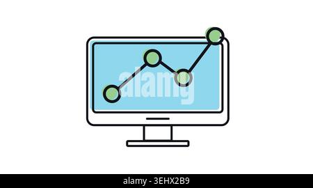 Desktop computer node chart analytics icon: PC workstation displaying line graph and connection nodes on screen, modern black line art with offset col Stock Vector