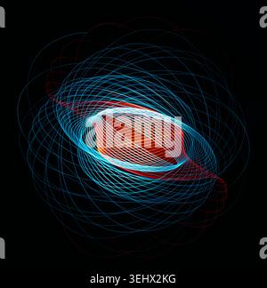 Abstract long exposure light painting with glowing cyan and red spiral trails forming a futuristic geometric vortex against a dark black background. Stock Photo
