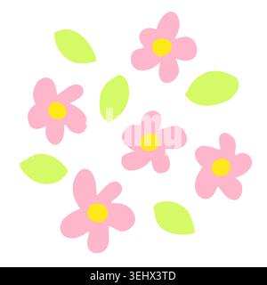 Vector abstract flowers, leaves. Blossom isolated on white background. Hand drawn daisy. Cartoon pink petals Plant. Bouquet sign. Summer, spring, natu Stock Vector