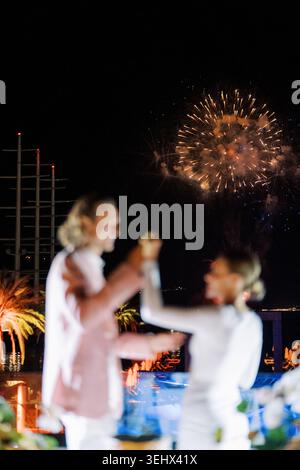 Joyful group sharing drinks amidst shimmering city lights and colorful explosions in sky Stock Photo