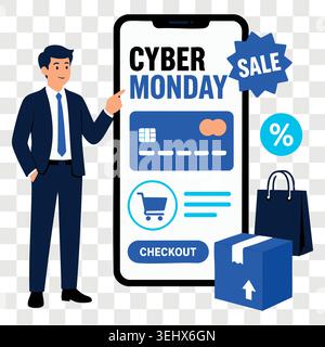 Cyber Monday mobile payment concept with businessman standing near huge smartphone screen showing wallet interface Stock Vector