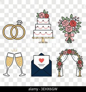 Wedding ceremony details linear colorful icons set with rings cake champagne glasses letter and arch Stock Vector