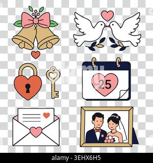 Wedding day celebration linear colorful icons set with bells doves lock calendar and invitation card Stock Vector