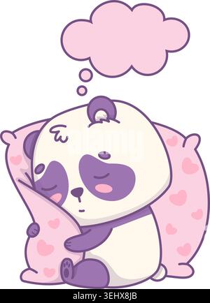 Panda Kawaii Bear Sitting Asleep And Hugging Big Pink Pillow With Empty Speech Bubble. Vector Illustration. Cute Lazy Character Dreaming Copy Space Stock Vector