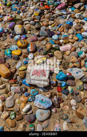 Avon Beach pebbles - painted pebbles on Avon Beach, Mudeford, Christchurch, Dorset UK in May Stock Photo