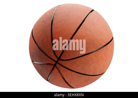 isolated shot of a classic orange basketball with distinct black ribs, textured surface, and reflections, perfectly centered on a clean white backgrou Stock Photo